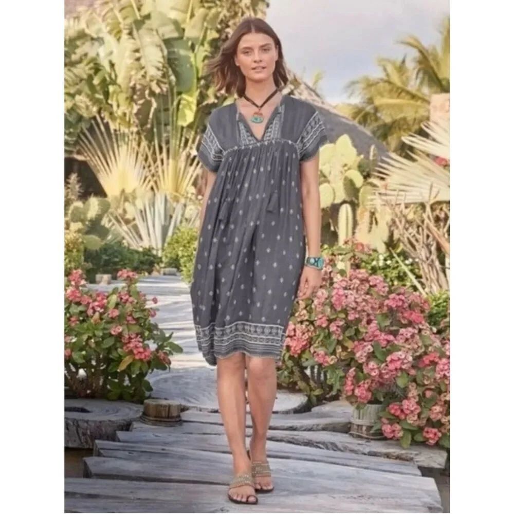 Sundance AURA Gray White Embroidered Sparkle Boho Peasant Tunic Dress